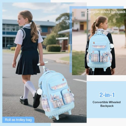 ACESAK Rolling Bow Backpack for Girls with Lunch Bag & Pencil Pouch - color: Blue