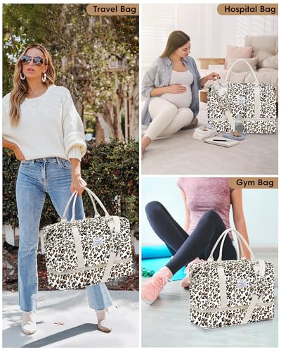 Travel Weekender Duffle Bag for Women: Overnight Bags with Shoe Compartment - color: Leopard Print, size: Large