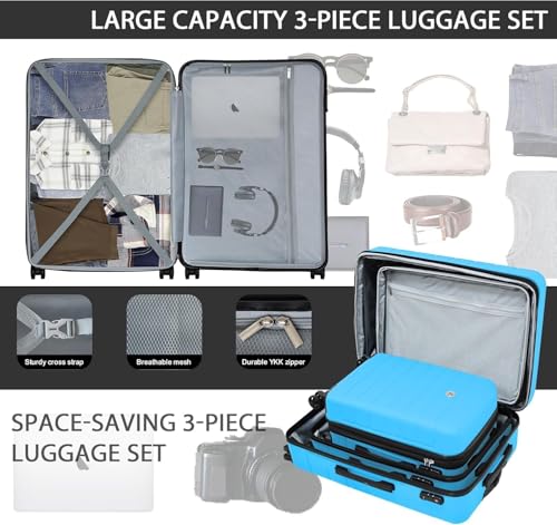KEYTANG Classic Luggage Sets 5 Piece, Carry-On Luggage with Spinner Wheels, Lightweight Hardside Suitcase Set with TSA Lock, Bonus Travel Backpack & Makeup Bag, 20/24/28 inch, Blue - color: Blue, size: 777-5PCS