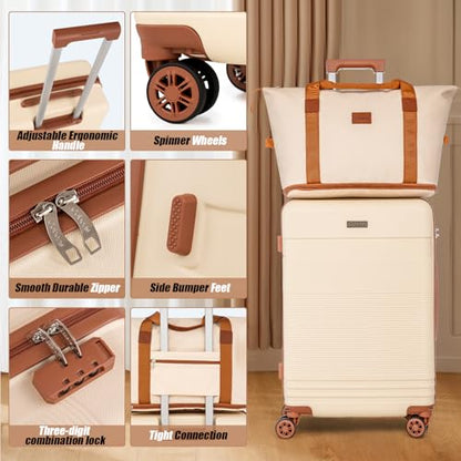 Cobens Luggage Sets 5 Piece with Spinner Wheels, 20/24/28inch - color: Beige