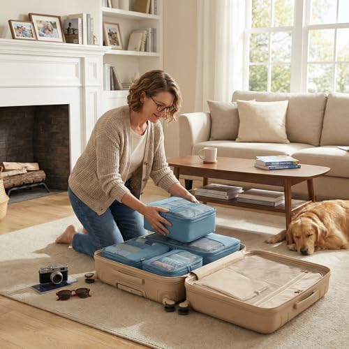 4 Piece Compression Packing Cubes for 3–7 Day Travel, Gray Blue - color: Gray Blue, size: 4 Pack