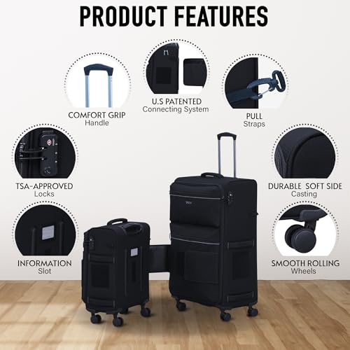 TACH LITE Samba Softside 3 Piece Luggage Set 20/24/28 Inch | Connectable Suitcases with Spinner Wheels Lightweight Travel Suitcase with Wheels Carry On & Checked Bags | Soft Sided Luggage Set (Black) - color: Black, size: 3-Piece Set