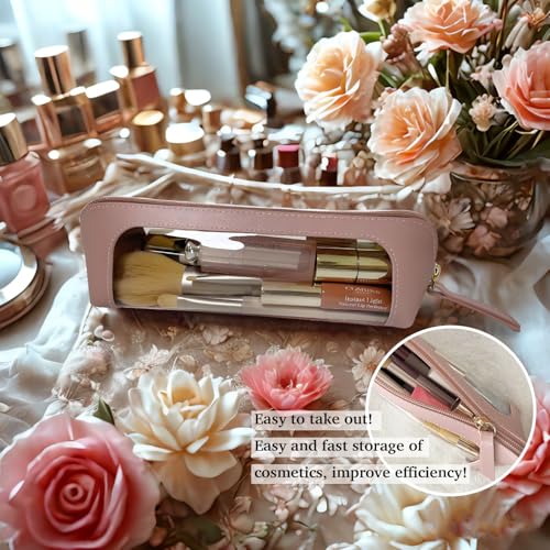 Clear Makeup Brush Bag Case,Leather Travel Make up Brush Holder, Portable MakeupBrush Case, Make Up Brush Pouch for Makeup Tools, Cosmetic Organizer with Zipper (Pink) - color: Pink