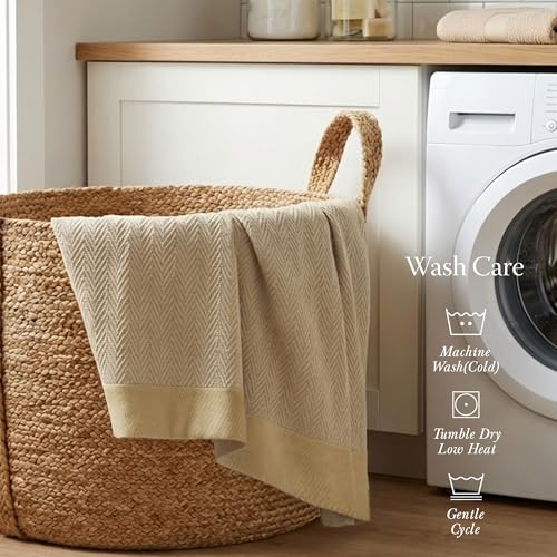 Threadmill Luxury 100% Cotton Queen Herringbone Blanket, Beige - color: Beige, size: Queen (90" x 92")