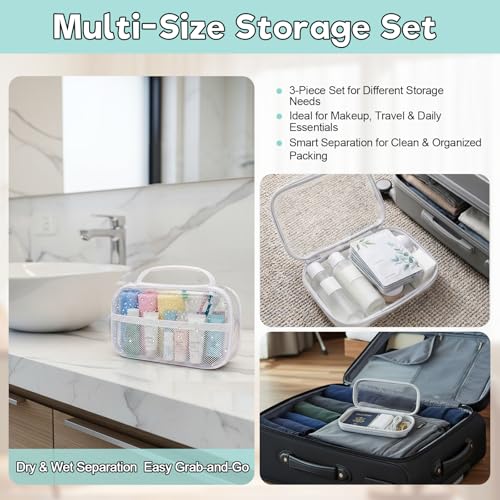 AZY 3 Pack Clear Hard Shell Zipper Organizer Set, Multi-Size Waterproof Storage Bags with Wet Dry Separation, Travel Makeup Bag, Toiletry Bag, Pencil Case, Cosmetic Organizer