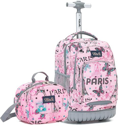 NEW TILAMI 18 Inch Rolling Backpack with Lunch Bag for Girls Boys School - color: Pink Paris