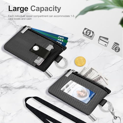 Minimalist RFID Blocking Small Wallet with ID Window,WaterResistant Zip Id Case Wallet with Lanyard Keychain for Cards,Cash,Travel,Women,Men (DarkGrey/Black) - color: DarkGrey/Black