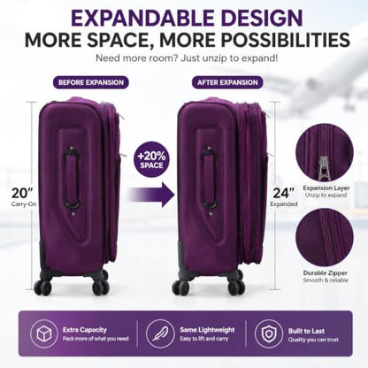 Karriage-Mate 4 Piece Softside Luggage Set with Spinner Wheels, Purple | Expandable Lightweight, Telescopic Handle, Multiple Front Pockets, 20"/24"/28"/32" Nested Travel Luggage Set, - color: Purple