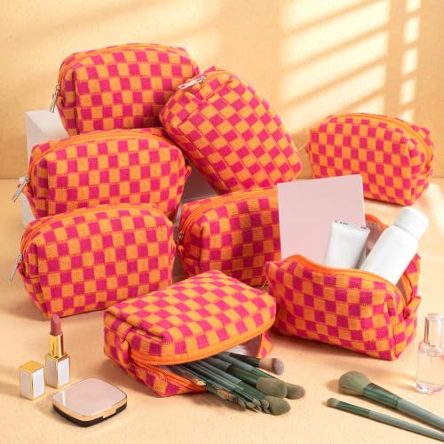 Gilprop 8 Pcs Checkered Makeup Bag Small Cosmetic Pouch Bulk,Red Orange - color: Red Orange