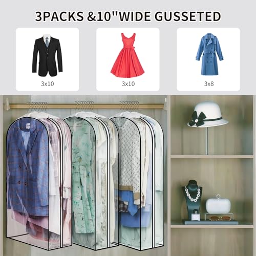 3 Pack 10" Clear Garment Bags for Hanging Clothes, 40" Gusseted Plastic Hanging Covers and Clothing Protectors with Side Zipper, Long Dress Suit Jacket Closet Cover Dust Proof for Wardrobe Storage