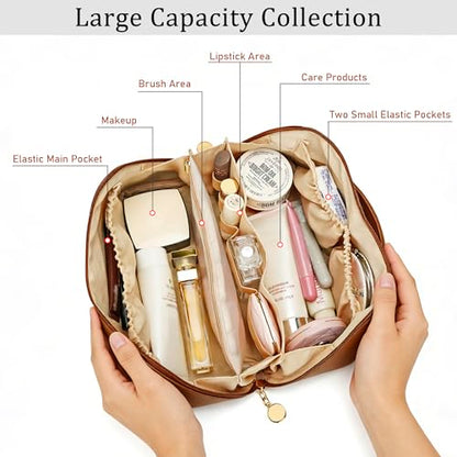 Gifts for Women Bridesmaid Initial Makeup Bag | Personalized PU Leather Cosmetic Waterproof Travel Toiletry Bag (Large-Brown-K) - color: LargeBrown, style: K