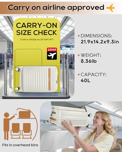 Joyway 20 Inch Carry On Luggage with Front Pocket and Cup Holder, White - color: Beige, size: 20 Inch