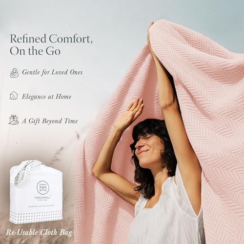 Threadmill Luxury 100% Cotton King Herringbone Blanket, English Rose - color: English Rose, size: King (106" x 92")