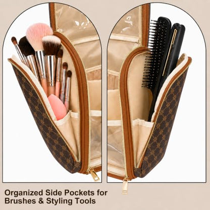 Women Travel Toiletry Bag Large Hanging Toiletry Bag with Mirror - color: Brown