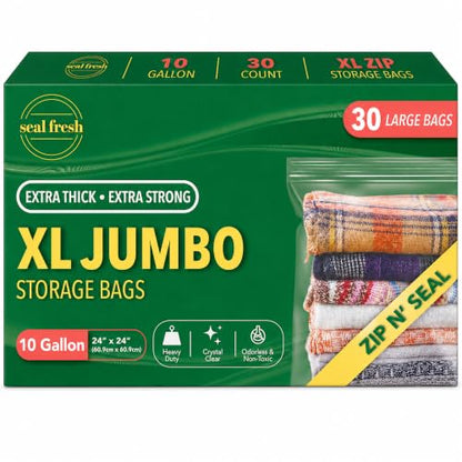 Seal Fresh 10 Gallon Large Plastic Storage Bags - 24 x 24 Inch (30 Count) - Reusable Write-On XXL Extra Large Big Oversized Clear Jumbo Zip Top Bags with Sealable Zipper for Clothes, Travel, Moving - size: 10 Gallon - 30 Pack