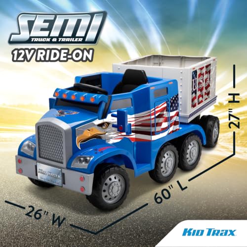 Kid Trax 12V Semi Truck Ride On Toy w/Detachable Cargo Trailer, Blue Eagle - color: Blue