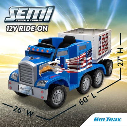 Kid Trax 12V Semi Truck Ride On Toy w/Detachable Cargo Trailer, Blue Eagle - color: Blue