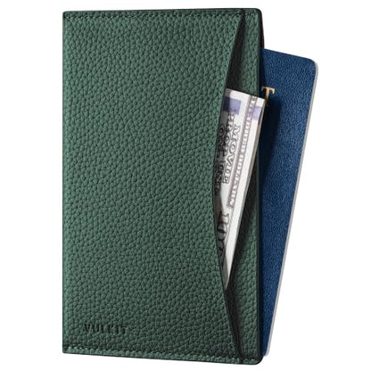 VULKIT Passport Cover Ultra Slim Design Leather Passport Sleeve RFID Blocking with 2 Card Slots, Anti-Theft Travel Essentials - color: Grain Forest Green