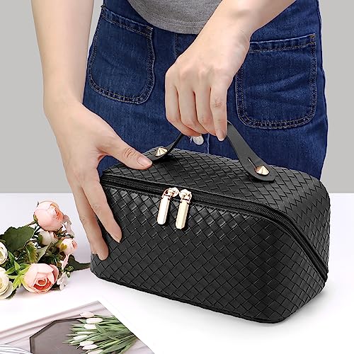 ALEXTINA Travel Makeup Bag, Woven PU Leather Cosmetic Bag, Black - color: black woven, size: Medium
