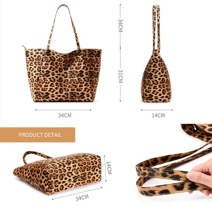 KALIDI Large Tote Bag Vegan Leather 16L Casual Zipper Work Weekender - color: Leopard a