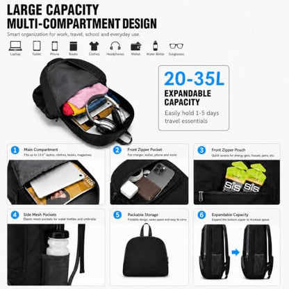 Foldable Backpack Waterproof Lightweight, 20-35L Packable Travel Daypack for Men & Women, High-Density Fabric for Air Travel, Hiking, Beach, Theme Parks, Gym & Shopping