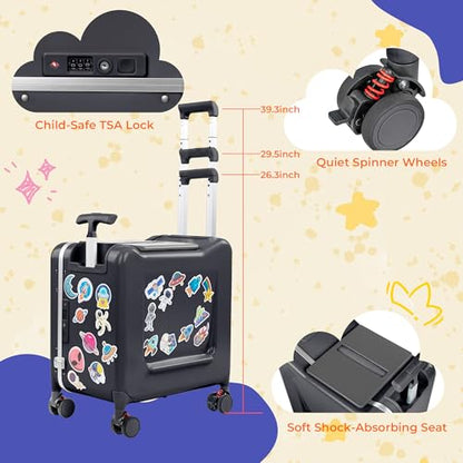20" Ride-On Suitcase for Kids Lightweight Carry-On Luggage with Detachable Seat&Dual Telescoping Handles&360°Silent Spinner Wheels & TSA Lock - color: Grey