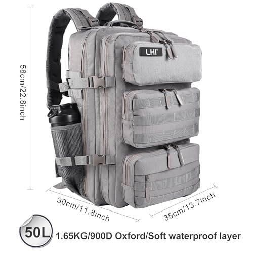 LHI Military Tactical Backpack for Men and Women 50L Army 3 Days Assault Pack Bag Large Rucksack with Shoe Compartment - Grey - color: Grey