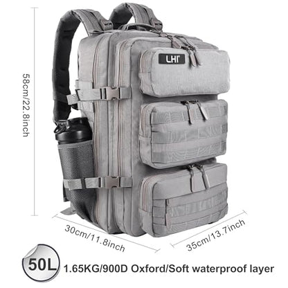 LHI Military Tactical Backpack for Men and Women 50L Army 3 Days Assault Pack Bag Large Rucksack with Shoe Compartment - Grey - color: Grey