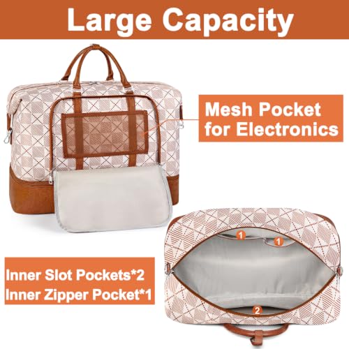 TIBES Travel Weekender Bag for Women, Overnight Bag with Shoe Compartment - color: X-Brown Plaid