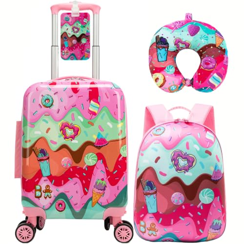Kids 4 Piece Luggage Set 16" Hard Shell Suitcase Cute Ice Cream Pattern, Rolling Wheels Travel Gift for Girls - color: Pink Ice Cream