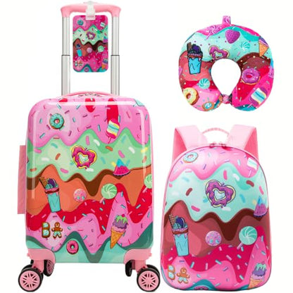 Kids 4 Piece Luggage Set 16" Hard Shell Suitcase Cute Ice Cream Pattern, Rolling Wheels Travel Gift for Girls - color: Pink Ice Cream
