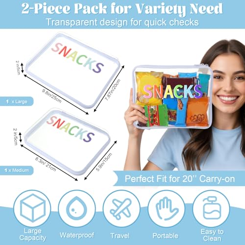 2 Pack Snack Bag Clear Hard Zipper Case Hard Plastic Zipper Pouches Travel Makeup Bag Snack Plastic Storage Organizer Box Transparent Cases for Women Travel Summer Vacation (M,L,White)