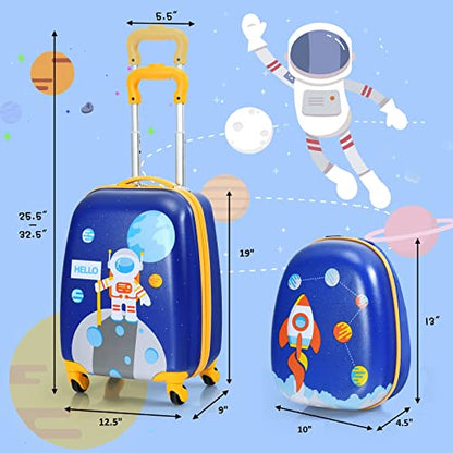GYMAX Kids Carry On Luggage Set, 12" & 16" 2PCS Rolling Suitcase - color: Rocket & Astronaut