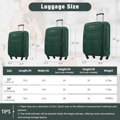Merax Softside Luggage Set Lightweight 3 Piece Suitcase with Duffel Bag - color: Dark Green + bags, style: Softside Luggage(22/26/30)