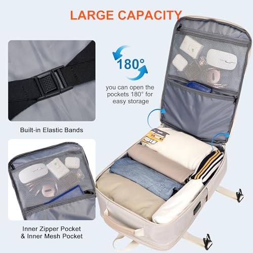 PIJUSHI Travel Backpack, TSA Carry On Bag Flight Approved, Fits 16" Laptop - color: Beige
