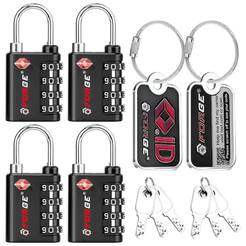 Forge Dual-Opening: Key or Combination Lock, TSA Approved Lock for Luggage, Pelican case, Travel, Gym, School, Luggage Combination Lock, Travel Bag Lock (Black 4 Locks and 2 ID) - color: Black 4 Locks 2 IDS