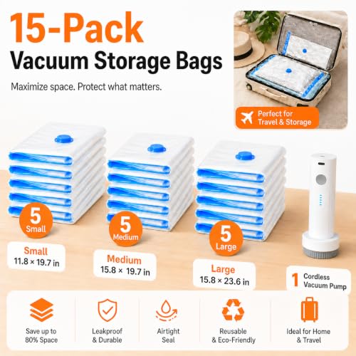 15 Pack Vacuum Bags for Travel with Rechargeable Pump, Save Luggage Space - size: 15 Combo