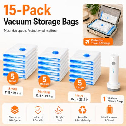 15 Pack Vacuum Bags for Travel with Rechargeable Pump, Save Luggage Space - size: 15 Combo