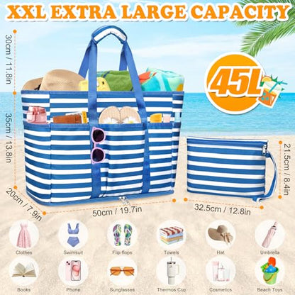 Large Beach Bag with Zipper, 12 Pockets Waterproof Sandproof Pool Bag Womens Mesh Beach Tote Bag for Travel Vacation - color: Navy Blue