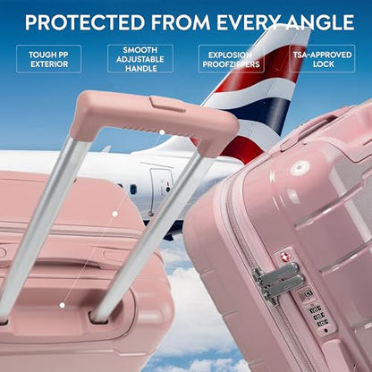 3-Piece Luggage Set Expandable Hardside Polypropylene Suitcase Set with TSA Locks & 8 Silent Spinner Wheels Lightweight Nested Suitcases Travel Set American Airline-Approved Carry-On - Pink - color: Pink, size: 3-Piece Set