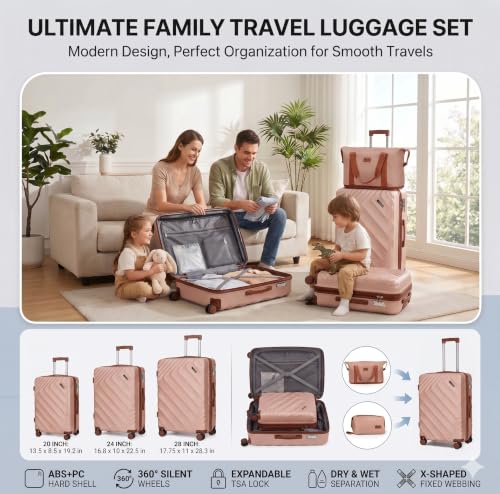 Rosamo 5 Piece Luggage Set Expandable Suitcase 22x14x9 Airline Approved Carry on, ABS Hard Case Suitcases with Spinner Wheels, TSA Lock, Yellow, 5PCS, Central Hardside Expandable Luggage with Spinner - color: Rose Gold, size: 5PC Set (20"/24"/28"/TB/DB)