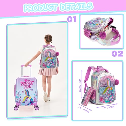 Cute Pink Mermaid Kid’s Luggage Set 5 Piece Suitcase Set 16’’ Hardside Luggage with Spinner Wheels Girls Boys Carry on Toddler Luggage Travel Rolling Luggage Carry on Luggage Airline Approved - color: 05 Pink