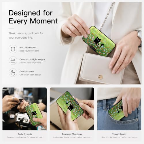 Credit Card Holder RFID Aluminum card case Flowers Cat 2 mini Wallet Women - color: Flowers and Black Cat
