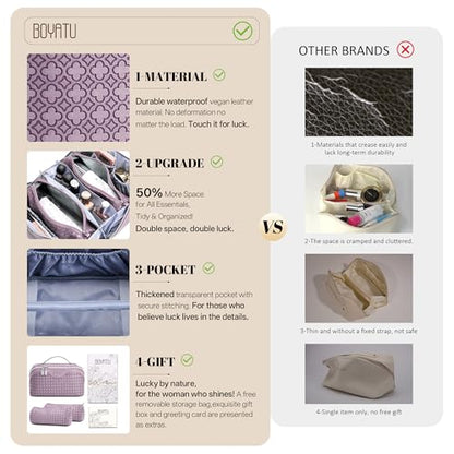 BOYATU Travel Makeup Bag for Women: Four Leaf Clover 3 Pcs Set Cosmetic Bag - color: M-02Purple