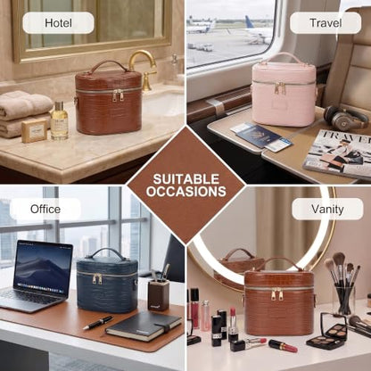 Leather Vanity Case Makeup Bag with Removable Divider, Washable Compartments, Dual Zipper & Carry Handle – Travel Toiletry Organizer for Women - color: Blush Pink