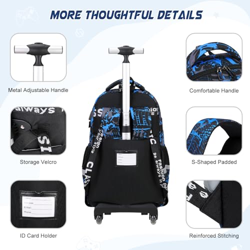 Scothen Cool Luminous Rolling Backpack for Boys with Lunch Bag Pencil Pouch - color: Blue