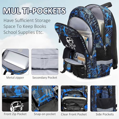 School Backpack for Boys - 3pcs Gamer Boys Backpack with Lunch Box Set for Kids Teens Elementary Middle High School,18″ Large Capacity Students Bookbag with Usb Charging Port - color: Blue-people-set