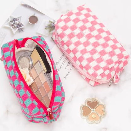 PAZIMIIK Checkered Makeup Bag for Purse, Small Travel Cosmetic Pouch,Pink - color: Pink