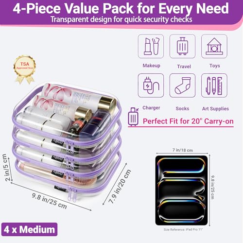 YQBRAO Clear Hard Shell Zipper Cases, 4 Medium Makeup Organizers, Purple - color: Purple, size: 4 Pack(M)