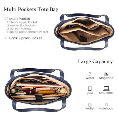 befen Genuine Leather Tote Bag for Women Work Travel Leather Purse Handbags - color: Navy Blue